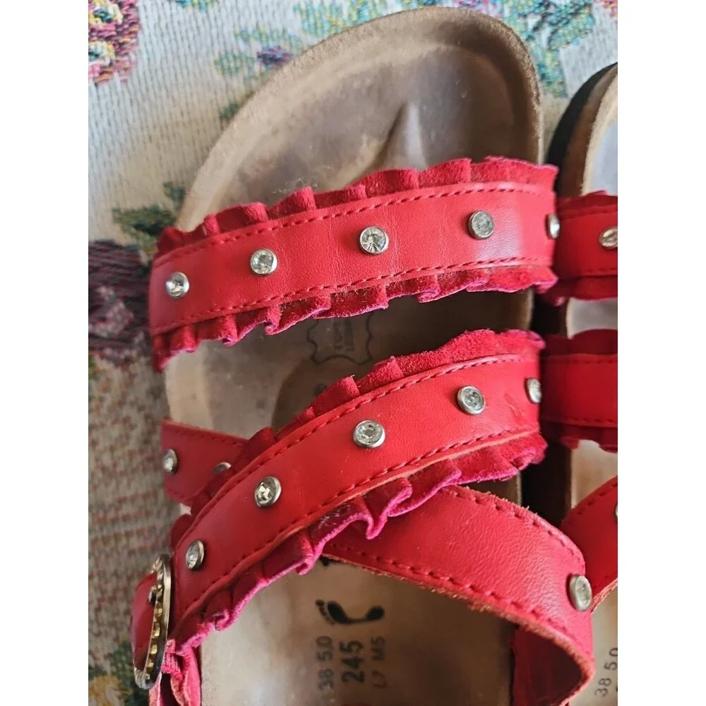 Birkenstock Betula Krystle Magenta Red Ruffle Rhinestone Studs Sandals Sz 7 38